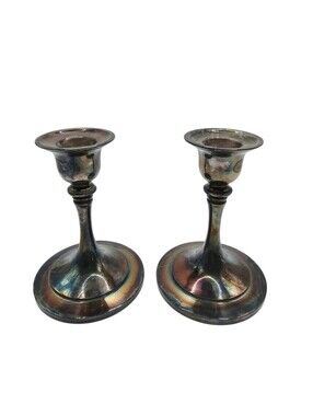 Pair Of Oneida Silversmiths Candle Holders 4" Tall Heavy Vintage
